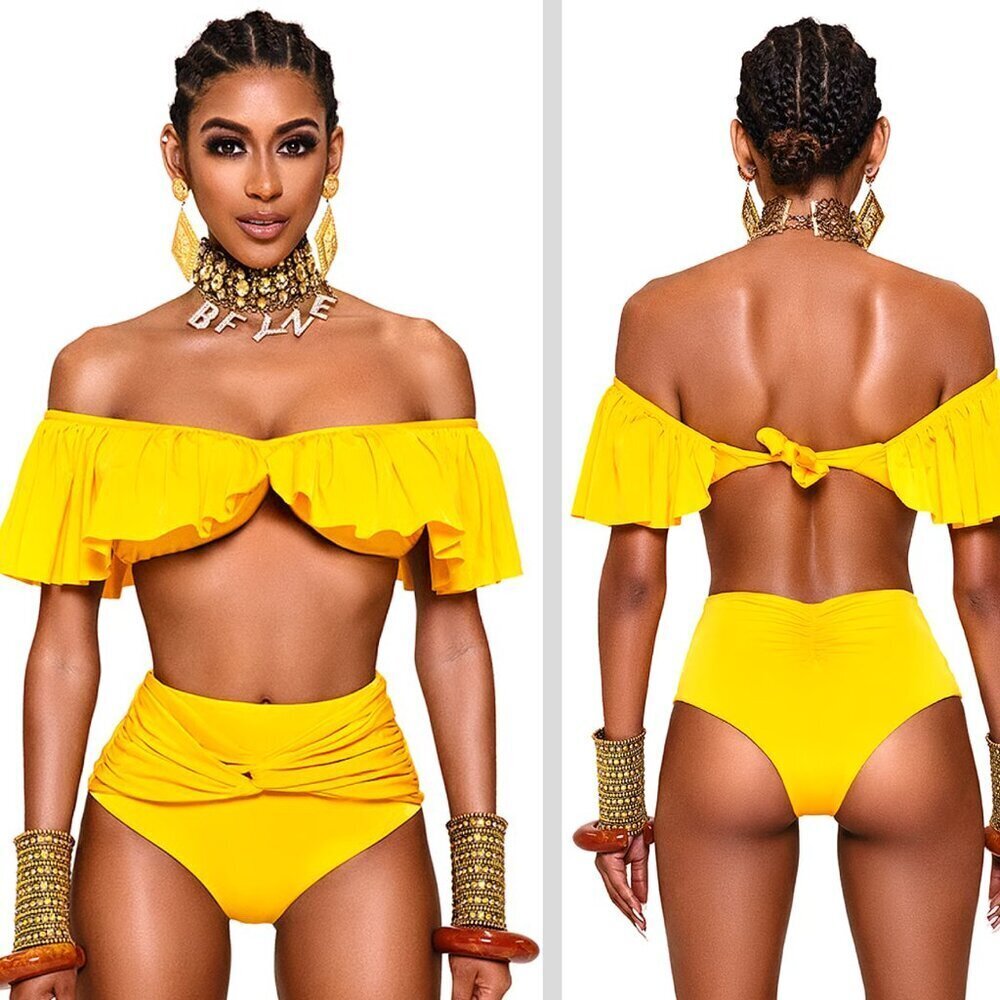 New! BFyne Joji Yellow Ruffled Off-The-Shoulder Bikini Swim Top 10578
